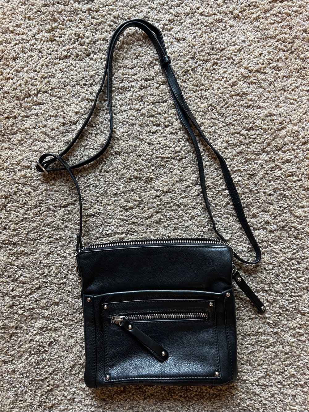 Classic Black Leather Crossbody with Front Zip Pocket